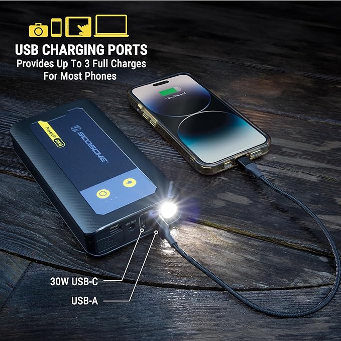 Scosche PBJ2000 Portable Car Battery Jump Starter, 12V Jump Box, 2000A Battery Booster, Jumper Cables Kit for Car (8.0L Gasoline/7.0L Diesel Engines) 30W Fast Charge Power Pack & Charger w/LED Light