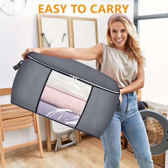 90L Large Blanket Storage Bags, 8 Pack Clothes Storage Bag Comforter Storage Bin with Reinforced Handle and Lid Foldable Clos