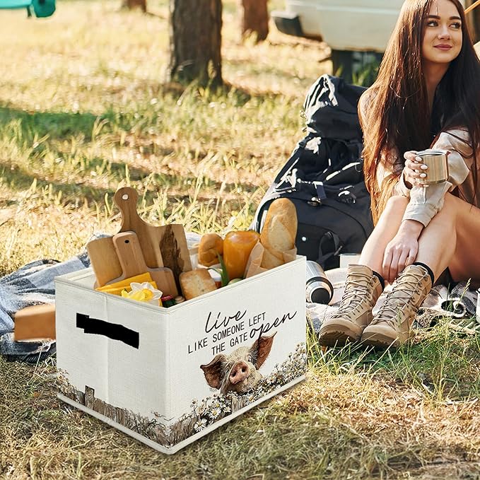 Rustic Pig Storage Bins & Boxes with Handles, Farmhouse Pig Foldable Basket for Organizing, Live Like Someone Left the Gate O