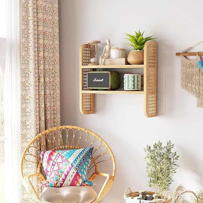 Natural 2-Tier Rattan Shelf - Wall Mounted Woven Boho Shelves, Handmade Rattan Display Shelf for Entryway, Nursery, Kitchen, 