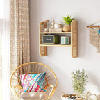 Natural 2-Tier Rattan Shelf - Wall Mounted Woven Boho Shelves, Handmade Rattan Display Shelf for Entryway, Nursery, Kitchen, 