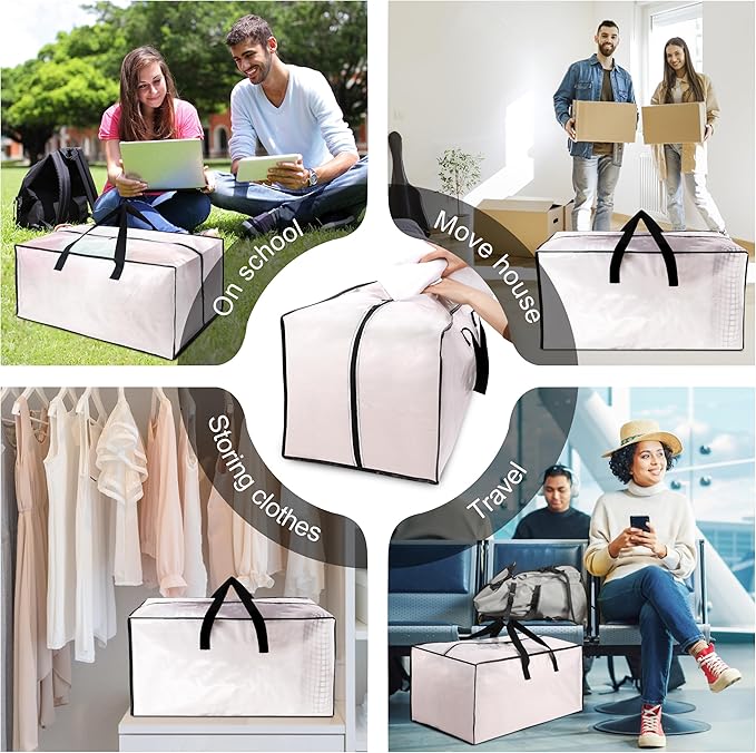 6 Pack Heavy Duty Extra Large Moving Bags W/Backpack Straps - Strong Handles & Zippers, Storage Totes For Space Saving, Fold 