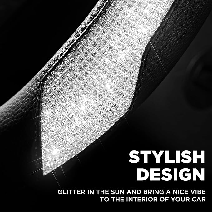PIC AUTO Steering Wheel Cover, Sparkly Crystal Bling Glitter with Black Leather, Universal Fit 14.5"-15.5" Car Steering Wheel