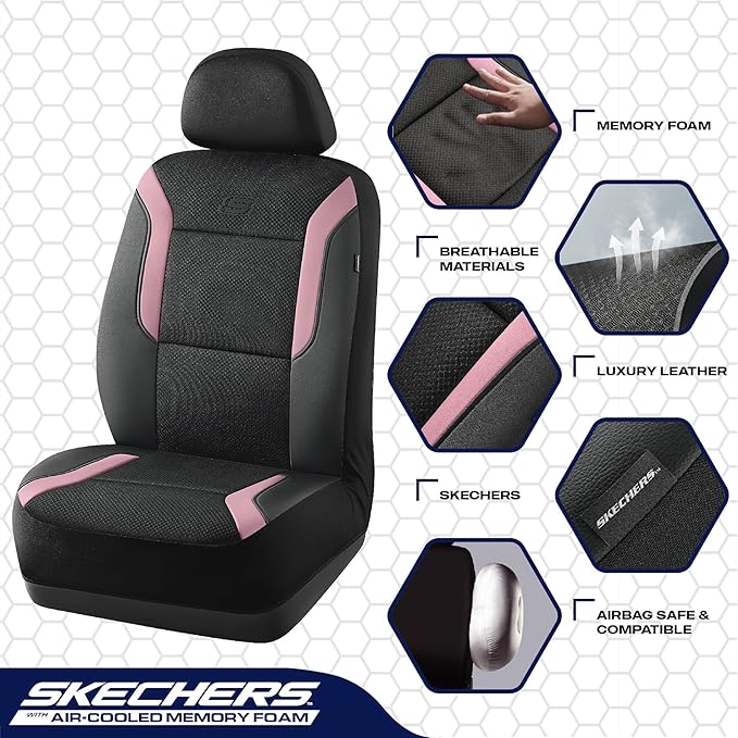 Skechers Memory Foam Car Seat Covers, Air Cool Mesh Thick Seat Covers, Car Seat Covers Front Seats Airbag Compatible, Automot