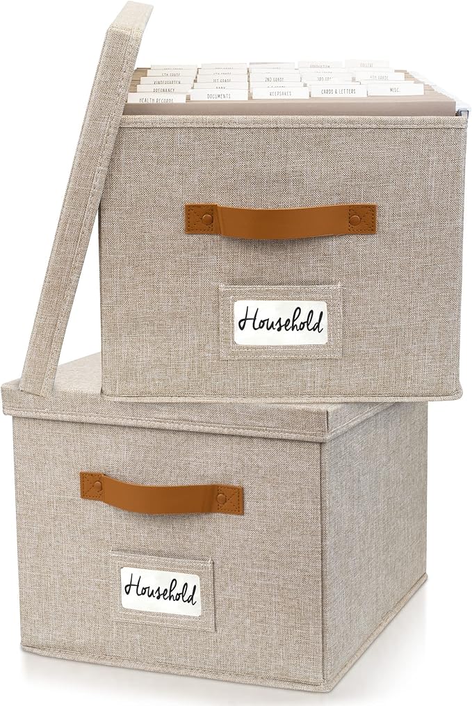 ZICOTO Decorative File Organizer Box Set of 2 - Collapsible Linen Filing Cabinets w/Handles Are Perfect to Store all Your Doc