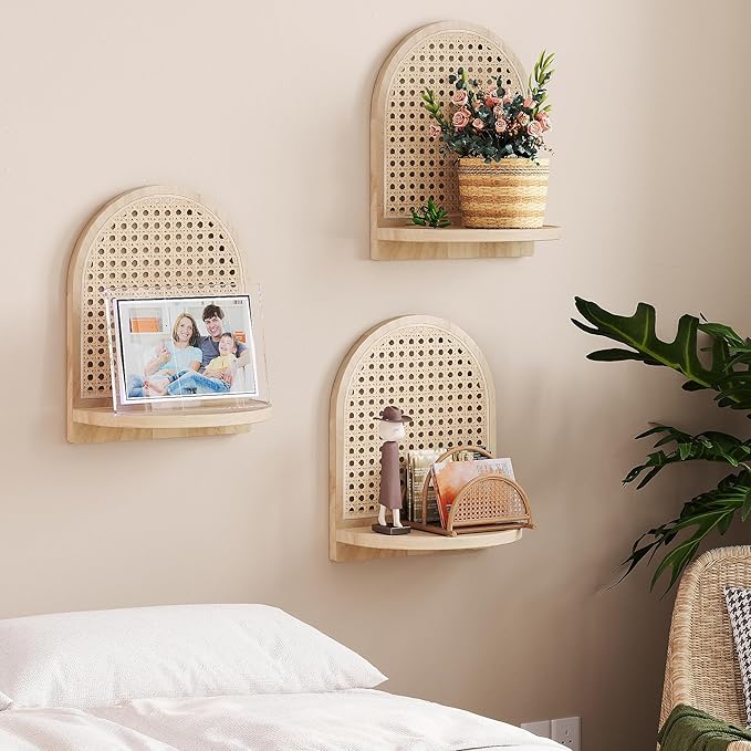 Rattan Wall Shelf Set of 3, 7''Natural Rattan Shelves with Wicker Decor, Boho Decor Small Floating Shelves for Wall, Arched S