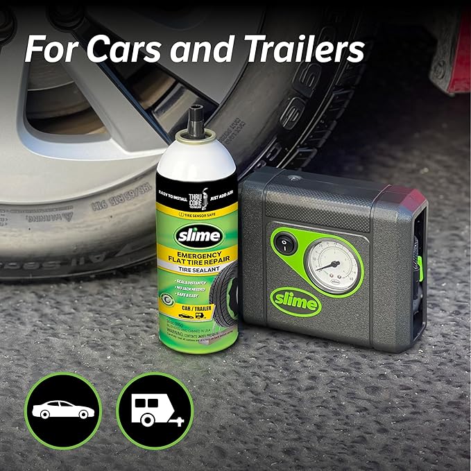 Slime 50165 Flat Tire Puncture Repair, Smart Spair Plus, Emergency Kit for Car Tires, Includes Sealant and Tire Inflator Pump