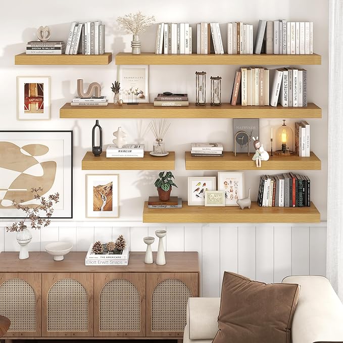 Floating Shelves for Wall, 36" W x 12" D x 2" H, 2 Pack of Long Wall Mounted Engineered Wood Shelves with Invisible Brackets 