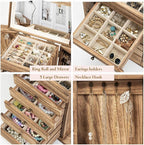 Emfogo Wooden Jewelry Box for Women, 6-Tier Large Jewelry Organizer Boxes with Mirror Rustic Solid Wood jewlery Storage Displ