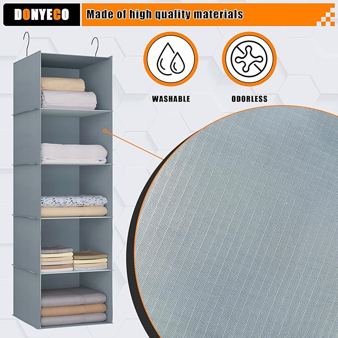 Hanging Closet Organizer 5-Shelf, Easy Mount Foldable Wardrobe Storage Shelves, Clothes Handbag Shoes Accessories, Washable O