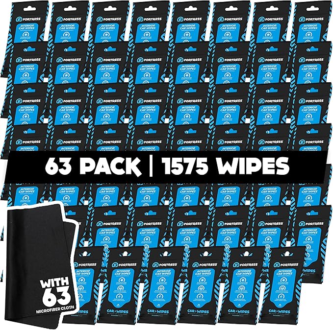 Fortress Car Interior Wipes with Microfiber Cloth (25 ct, Pack of 63) for Car Interior Cleaning, Dashboard, Seats, Detailing,