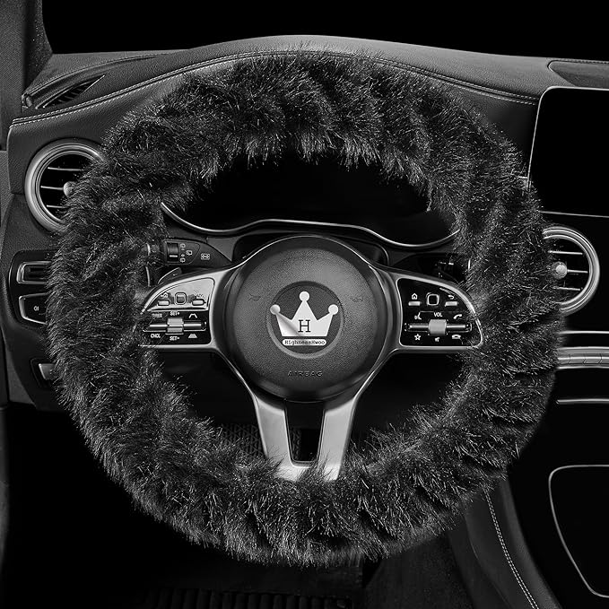 Fuzzy Winter Steering Wheel Cover for Women, Warm Cute Fluffy Car Wheel Cover for Sedan, SUV, Soft Furry Girly Plush Car Handle Cover for Cold Weather, 14.75-15.15in, Black
