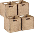Woven Wicker Storage Baskets 4-Pack, 11x11 Handwoven Paper Rope Organizer Bins, Foldable Cube Storage Cubes with Built-in Han
