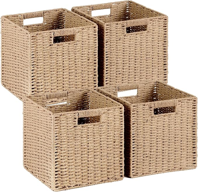 Woven Wicker Storage Baskets 4-Pack, 11x11 Handwoven Paper Rope Organizer Bins, Foldable Cube Storage Cubes with Built-in Han