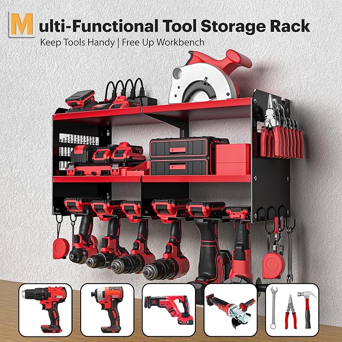 Spampur Power Tool Organizer Wall Mount with Charging Station, 15 Min Assembly & Maximum 420lbs Load by Heavy Duty Metal, 8 S