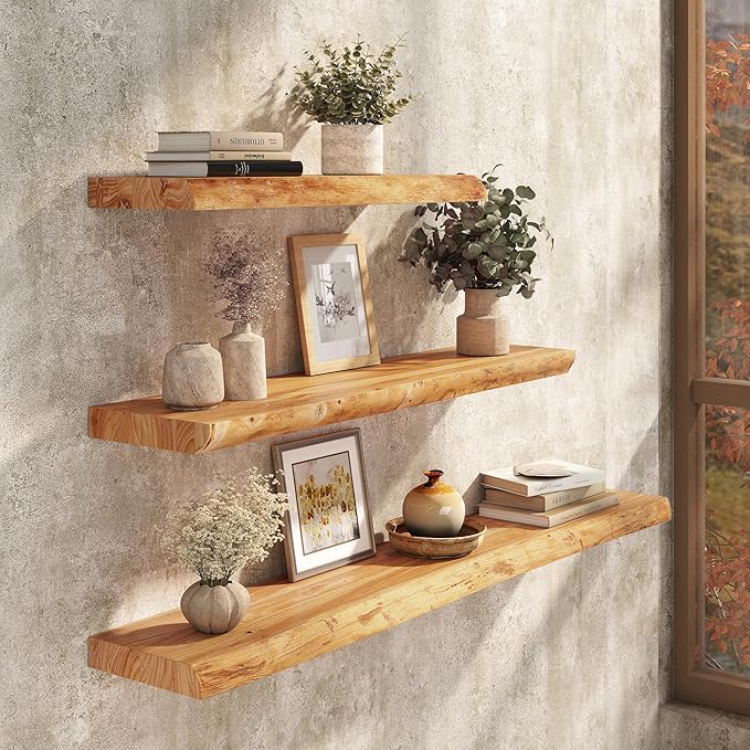 Live Edge Floating Shelf, 40 Inch Rustic Solid Elm Wood - Natural Wood Tone with Invisible Brackets, Wall Mounted for Living 