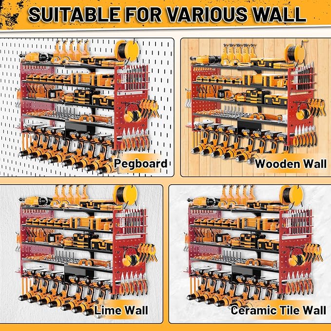 5 Layers Power Tool Organizer Wall Mount, Metal Cordless Tool Hanger Storage Rack Holder with 8 Drill Holders, Heavy Duty Gar