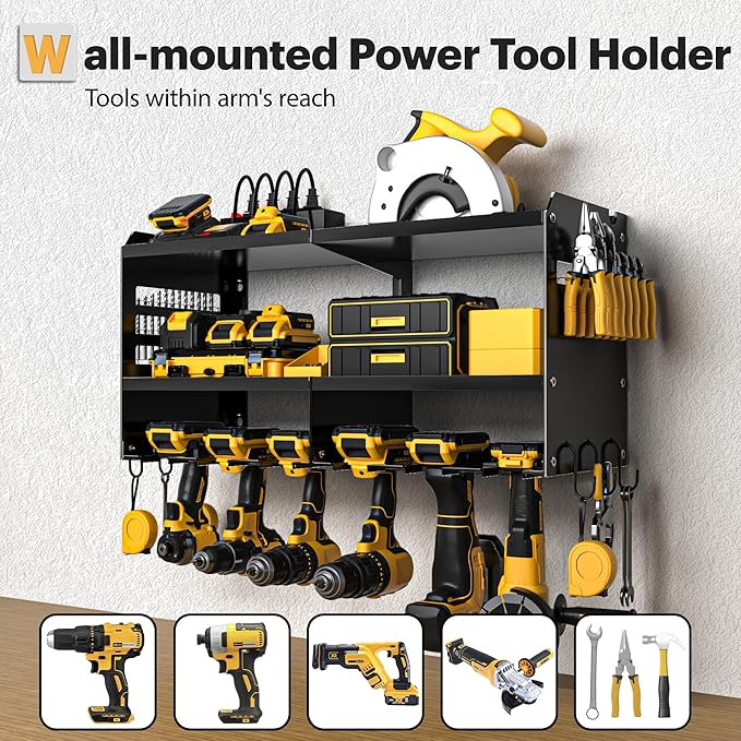 Spampur Power Tool Organizer Wall Mount with Charging Station, 3 Layer Heavy Duty Metal Tool Storage Rack Loads 420lbs with 6
