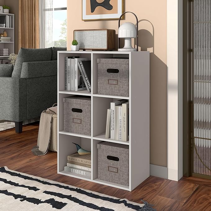 Homes: Inside + Out Apexa 6-Cube Storage Organizer Shelves, Stackable Wood Bookcase Fits Cubby Bins for Organization, Dorm Te