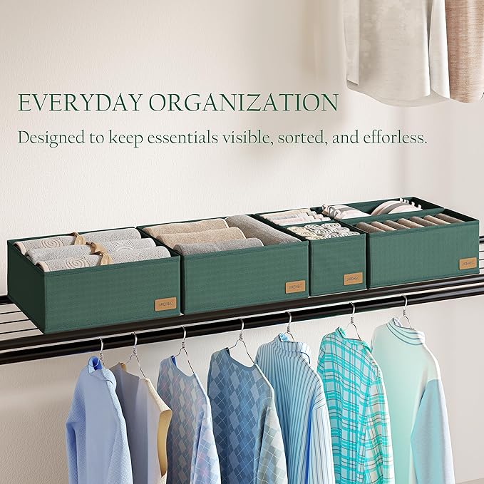 Clothes Organizer, Transform Your Drawers in Seconds - Green Set of 6 Foldable Storage Boxes with Zipper, Durable 600D Fabric