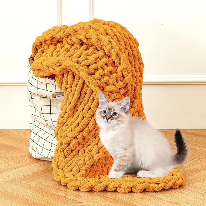 Admitrack Chunky Knit Blanket Throw, 100% Hand Knit Chenille Throw Blanket for Sofa & Home Decor, Soft and Cozy Knitted Throw