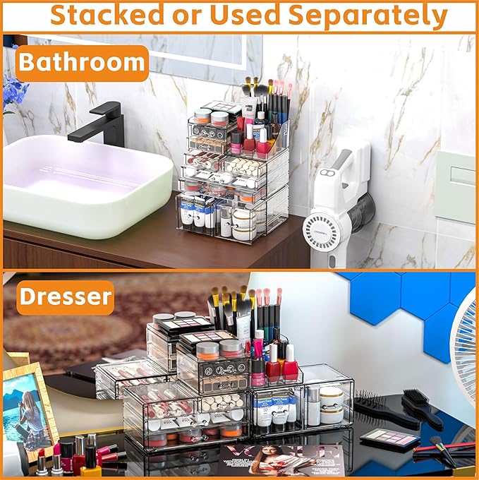 Cq acrylic 3 Pack Clear Makeup Organizer Countertop,Stackable 8 Drawers Skin Care Organizer,Cute Make Up Organizers for Vanit
