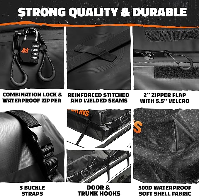 Mockins XXL 50 CuFt Car Rooftop Cargo Carrier Bag | Massive 85"x50"x20" Heavy Duty Car Luggage Roof Carrier Bag | All-Weather Vinyl Vehicle Soft-Shell Carriers with Anti-Slip Mat, Lock, Straps & Hooks