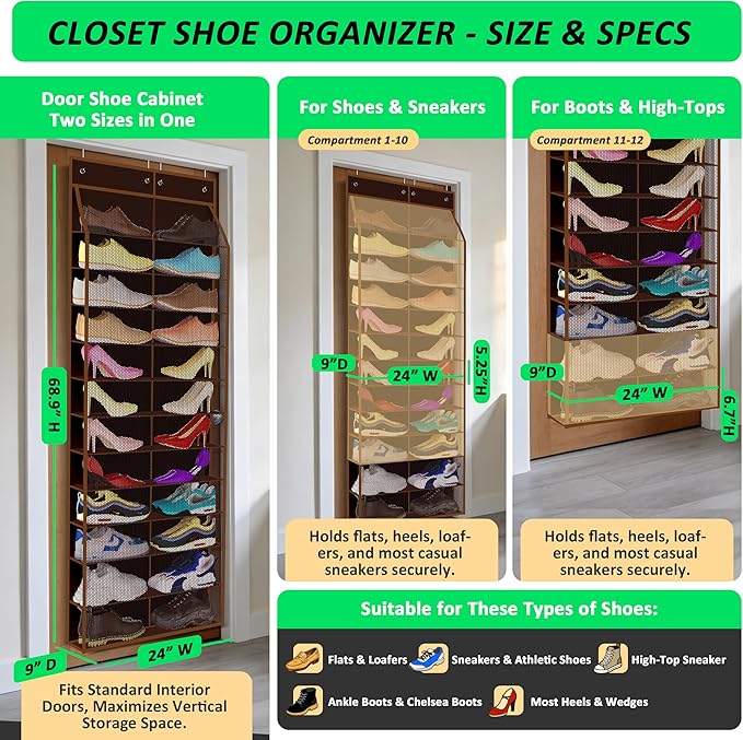 Kotkn 24-Pair Over Door Shoe Organizer for Family & Kids, Double Sided | Hanging Storage for Sneakers, Boots, Toys & Room Org