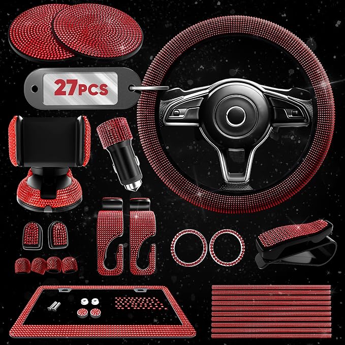 Red Bling Car Accessories Set, 27 Pieces Car Interior Set Including Steering Wheel Cover, Diamond License Plate Frame, Phone Holder, Coasters, Hooks, Great Gift for Women Drivers