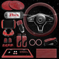 Red Bling Car Accessories Set, 27 Pieces Car Interior Set Including Steering Wheel Cover, Diamond License Plate Frame, Phone Holder, Coasters, Hooks, Great Gift for Women Drivers