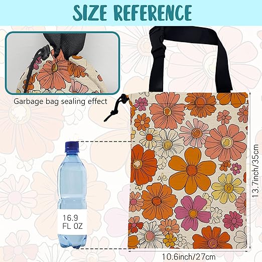 Car Trash Bag Hippie Vintage Flowers Leak-Proof Car Garbage Bag with Drawstring Foldable Canvas Trash Bin with Adjustable Buckle for Car Accessories, Travelling, Camping