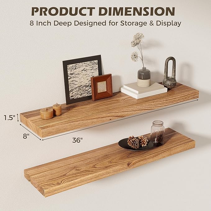 36 Inch Floating Shelves for Wall, 8"D High End Solid Hardwood Shelves for Decor Storage, Rustic Wall Shelves with Invisible 