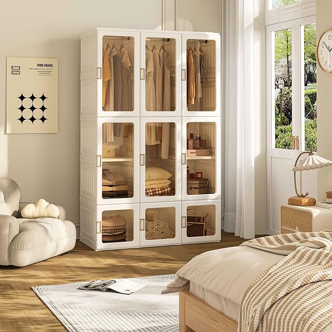 ANTBOX Portable Wardrobe Closet Storage Organizer for Clothes,Transparent Door Panels,Suitable for Living Room, Bedroom,Plast