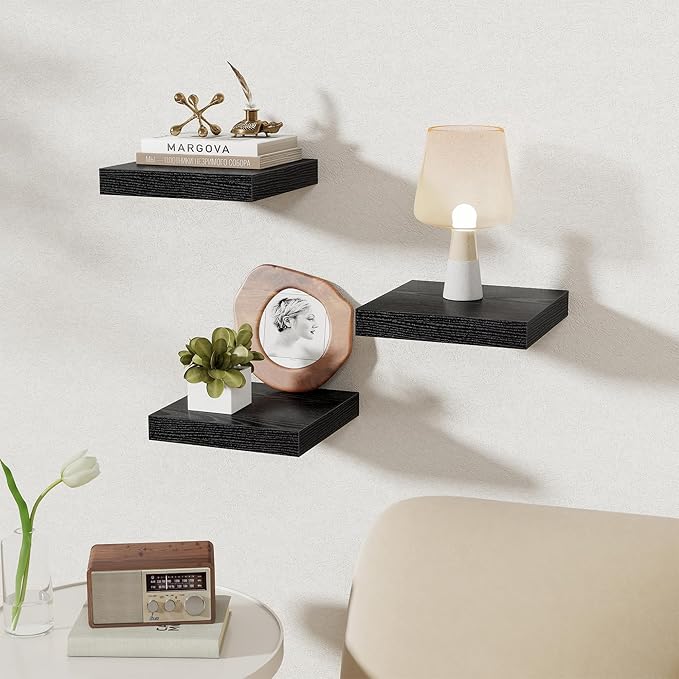Fun Memories Square Floating Shelves for Wall, 9.3" W x 9.3" D x 1.4" H, Shelves for Wall with Invisible Brackets, Small Wood