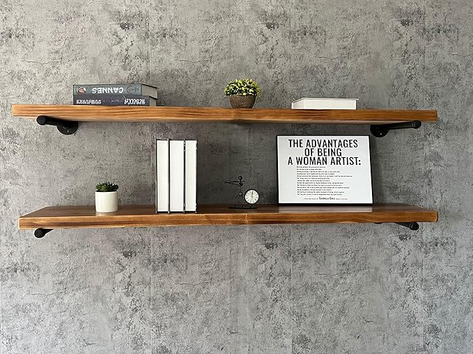 Industrial Pipe Wall Wood Shelves,Real Wooden Shelves 48" in Special Brown Color with 1.2" Extra Thickness, Modern Floating S
