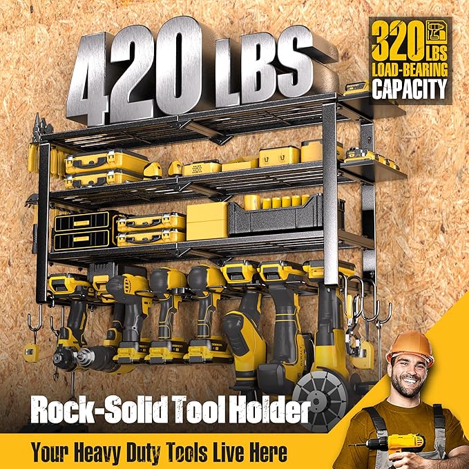 Spampur 420LB Capacity Power Tool Organizer with Charging Station & 6 Outlets | Quick Assembly 4-Layer Heavy Duty Rack for Dr