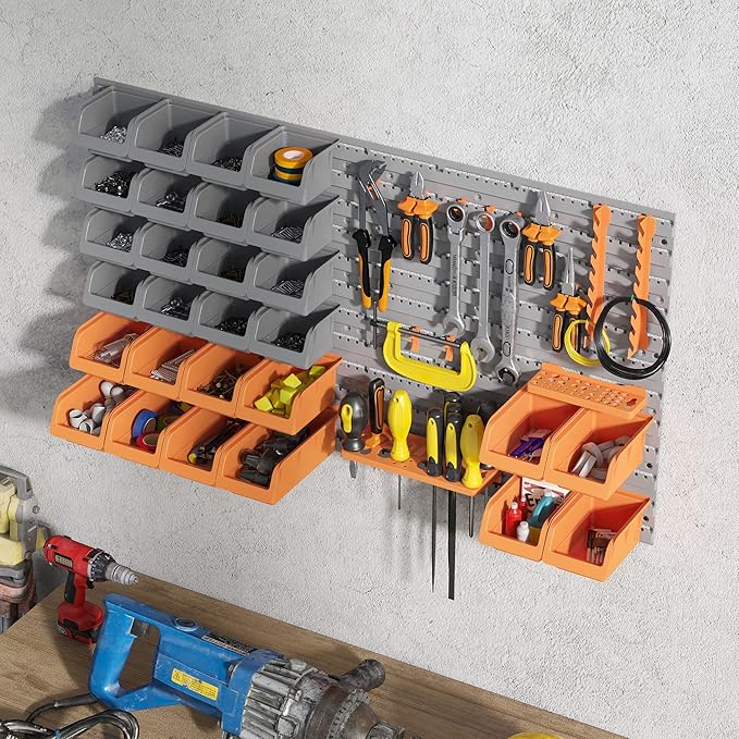 DURHAND Wall Mounted Storage Bins, 44PC Pegboard Tool Organizer Rack Kit Garage Plastic Shop Tool, Orange