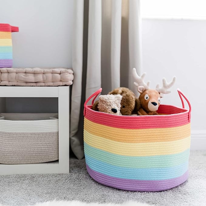 OrganiHaus Rainbow Blanket Basket for Classroom & Nursery, Extra Large Woven Laundry Basket w/Handles, Kids Toy Organizer & S