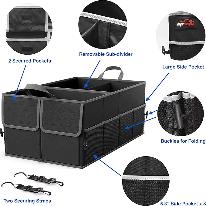 EPAuto Foldable Car Trunk Organizer, 3-Compartment with Removable Divider, Black