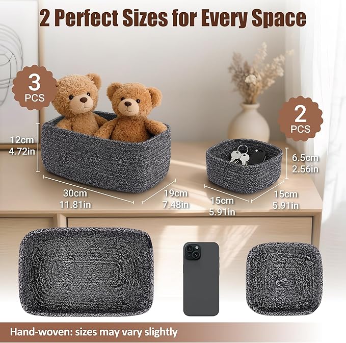 5-Pack Small Woven Rope Storage Baskets – 2 Sizes Organizer Bins for Closet, Shelf, Bookshelf, Nursery, Changing Table, Fabri