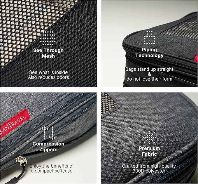 LeanTravel Premium Compression Packing Cubes for Travel - Suitcase Organizer Bags with Double Zipper & Breathable Mesh Panel 