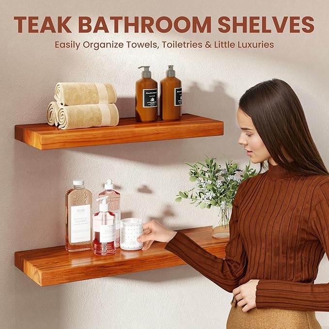 Teak Floating Shelves Set of 2-24 Inch Natural Waterproof Wood Wall Shelves with Invisible Brackets for Bathroom, Kitchen, Ba