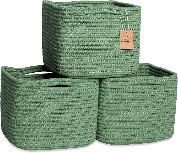 NaturalCozy Storage Cubes 9”x9”x7”Cotton Rope Woven Baskets for Organizing 3-Pack | 9 Inch Cube Storage Bin | Small Basket fo