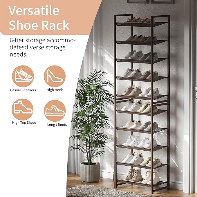 10 Tier Shoe Rack, Tall Metal Shoe Storage with Adjustable Shelves, Holds 20-25 Pairs, Stackable Shoe Stand for Garage Hallwa