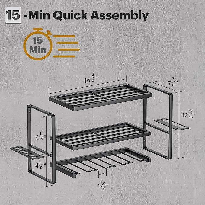 Spampur Power Tool Organizer Wall Mount, 3 Layers Storage Rack with 4 Drill Holders, Garage Storage Rack for Handheld, Metal 