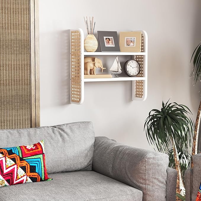 2-Tier Rattan Shelf, White Rattan Bookshelf Wall Mounted, Handmade Woven Display Shelf, Decorative Boho Shelves for Entryway,
