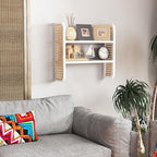 2-Tier Rattan Shelf, White Rattan Bookshelf Wall Mounted, Handmade Woven Display Shelf, Decorative Boho Shelves for Entryway,