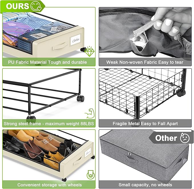 Under Bed Storage with Wheels, Under the Bed Storage Containers with Clear Lids & Label, Underbed Storage Bins, XXL 60L Rolli
