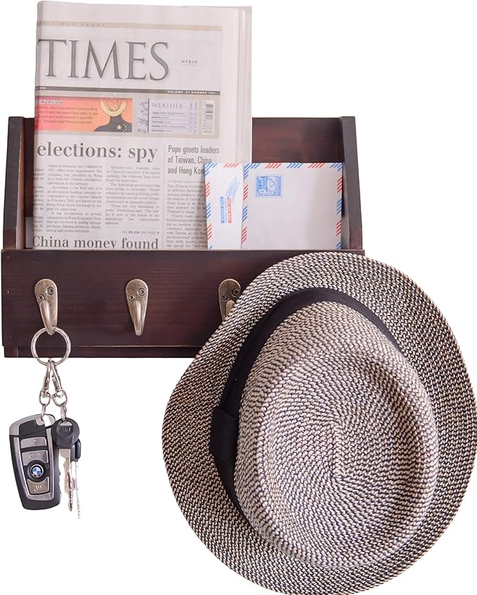 Flintar Wall Mount Key and Mail Holder with 4 Hooks. Made in Taiwan, Solid Wood. Use as Key Rack, Entryway or Mudroom Organiz