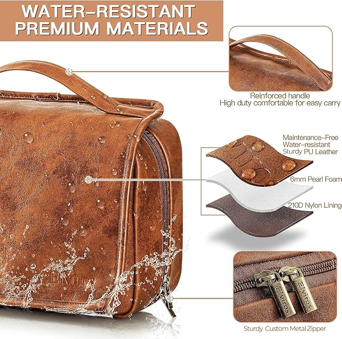 Elviros Hanging Toiletry Bag for Men Travel Essentials 3-in-1 Large Waterproof Dopp Kit PU Leather Shaving Bag with Separate 